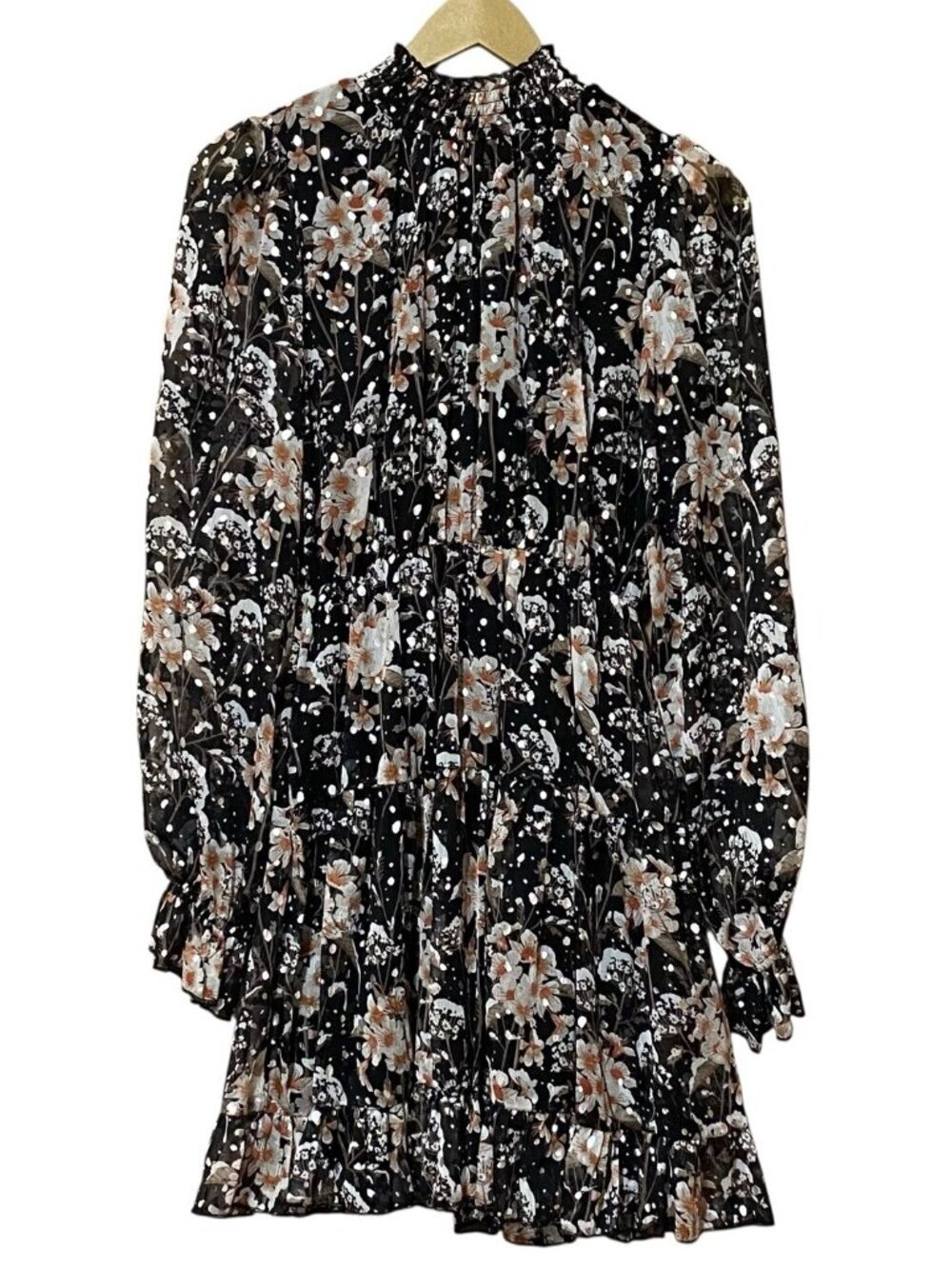 O.P.T. Lluvia Womens S Black Floral Metallic Long Sleeve Mini Dress Cocktail NWT
